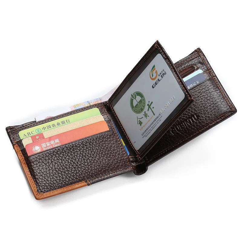 Men's brown tri-fold leather wallet open, showing card slots, zippered coin pocket, and saddle stitching detail.