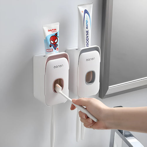 Wall-mounted automatic toothpaste dispenser with touch sensor and LED light in blue colour