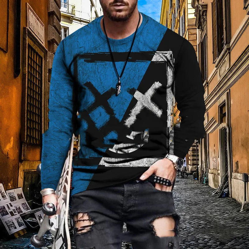 Colour block digital print men's t-shirt with round neck in polyester blend fabric