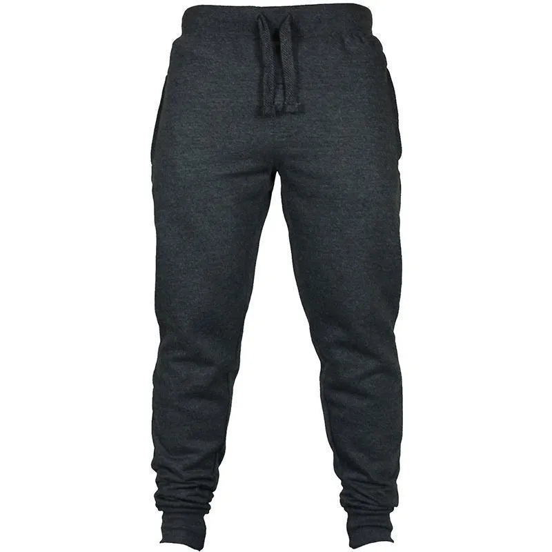 Men's solid colour drawstring waist fleece casual pants in loose fit showing flat front design