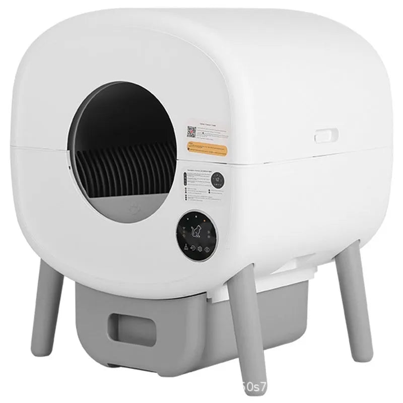 White automatic self-cleaning cat litter box with dimensions 550mm wide by 645mm high