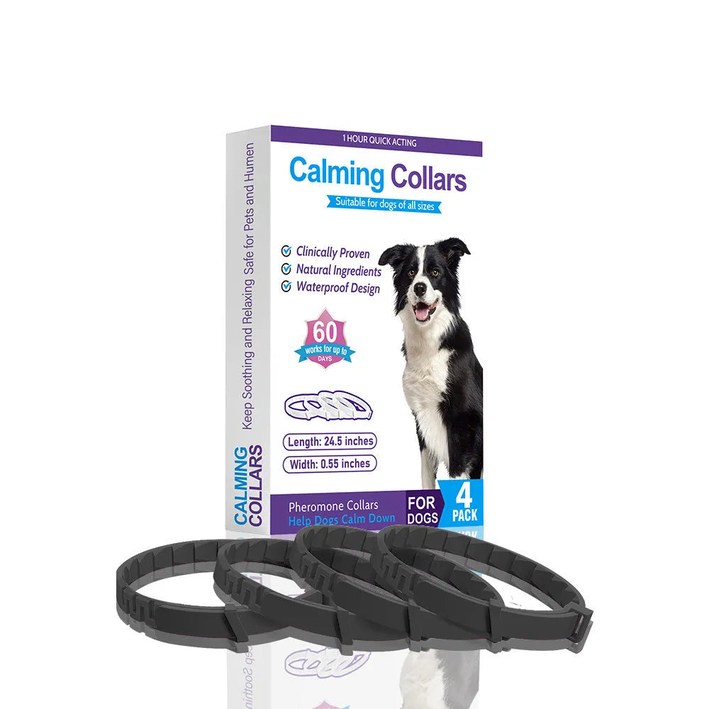 Set of four monochrome TPR dog calming collars in six colour options, each measuring 62 cm.