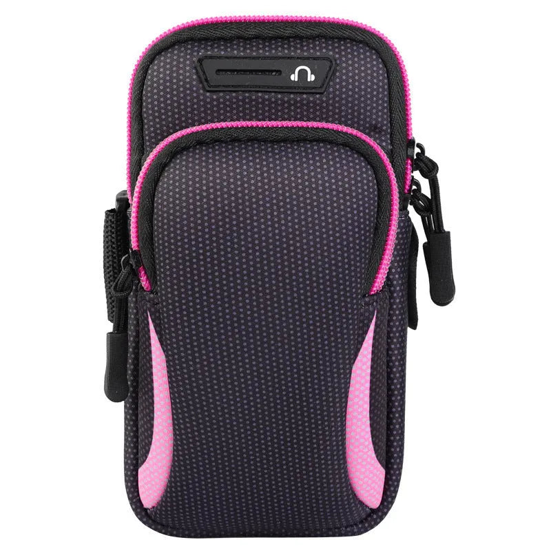 Nylon waterproof mobile phone arm bag with breathable mesh back panel on a person's arm