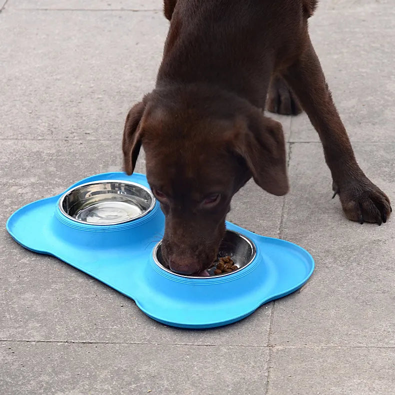 Bone silicone pet double bowl with stainless steel inner layer, non-slip base, 46x27x15cm in black