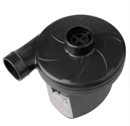 Black 50W electric air pump 8x6x8 cm with 230V plug, 12V car cable, and three nozzle attachments