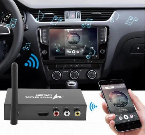 Black car mirror link box converter unit with antenna, power cable, and AV cable for wireless smartphone screen mirroring.