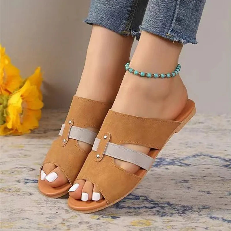 Women's fish mouth belt buckle flat slide sandals in suede for summer beach wear