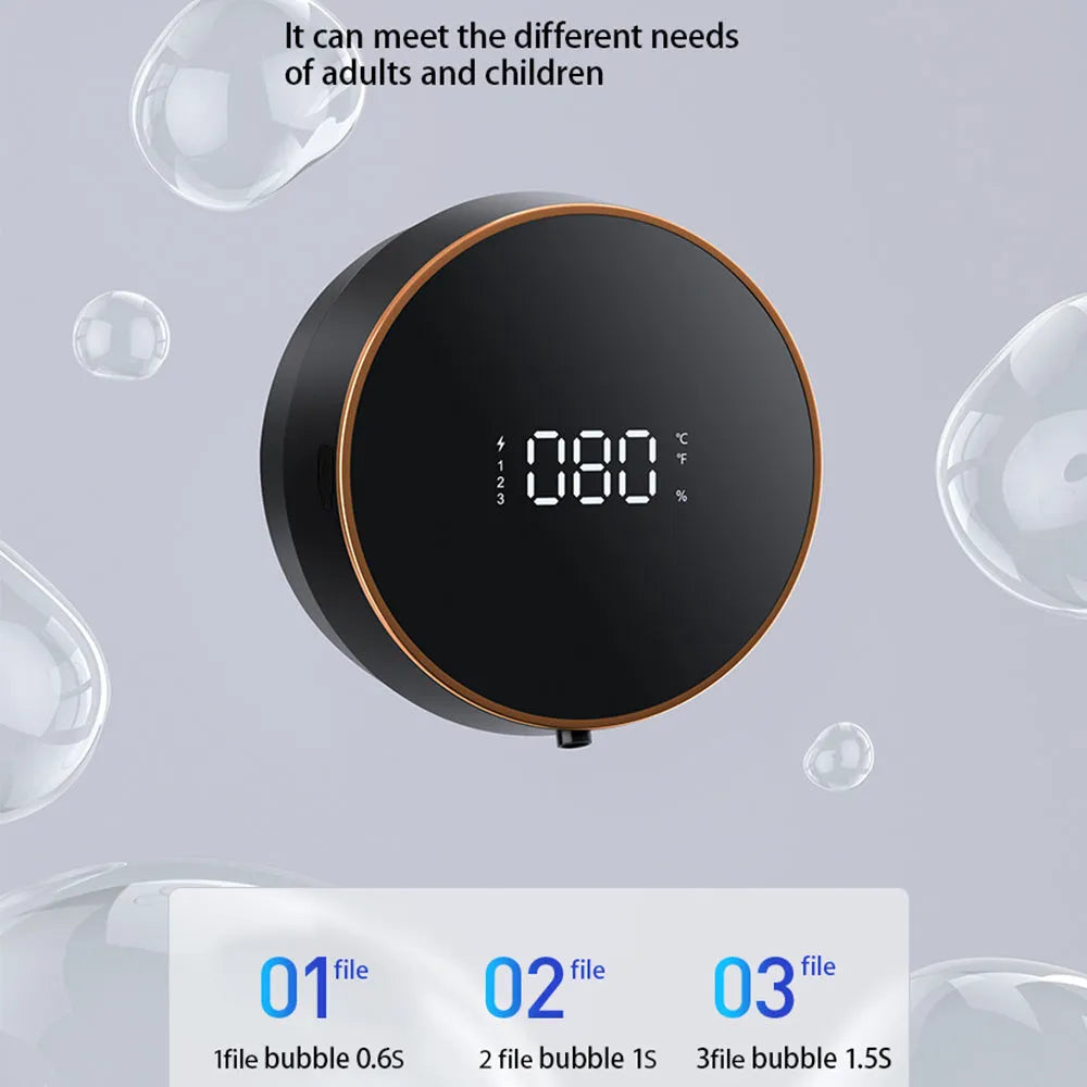 Black and white automatic sensor foam soap dispenser mounted on a wall with USB charging port.