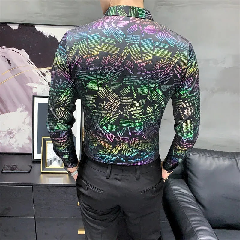 Black long sleeve polyester dress shirt for men with Asian sizing, front view on white background