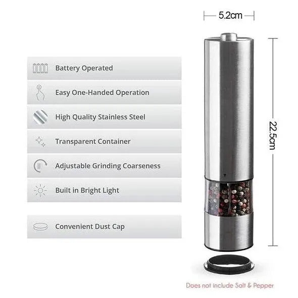 Tall stainless steel electric pepper grinder on a kitchen countertop.