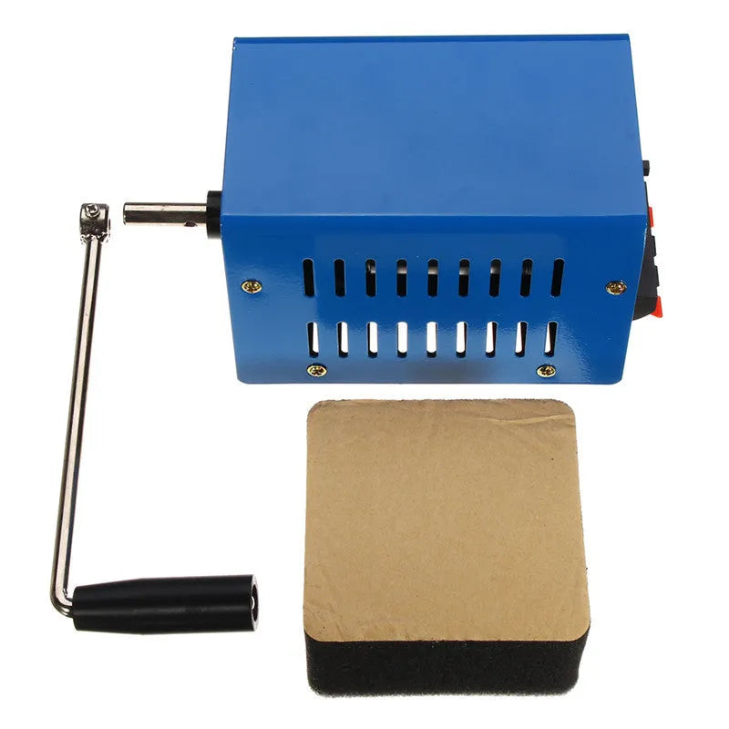 Blue metal hand crank emergency USB generator with anti-slip pads, showing compact size.
