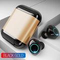 Black, gold, and light grey Bluetooth TWS wireless earphones with charging case.
