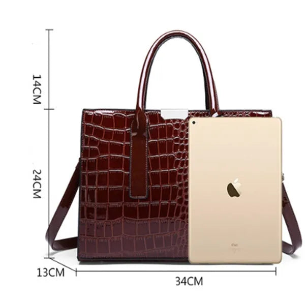 Women's solid colour diagonal cross body stone tote bag in black, 25x29x10cm, PU fabric with crocodile pattern