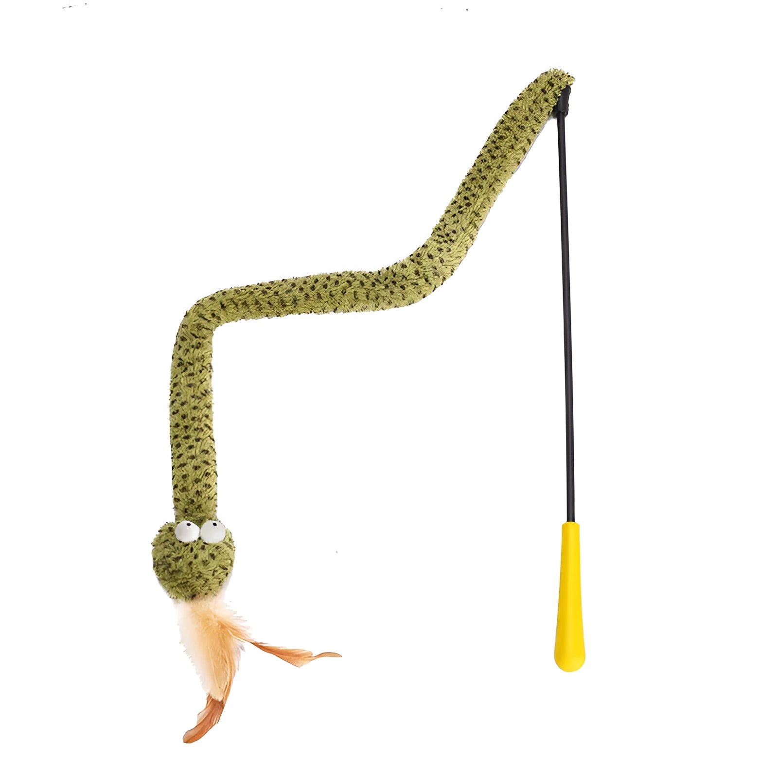 Green cat teasing stick with long pole and feather attachments for interactive feline play