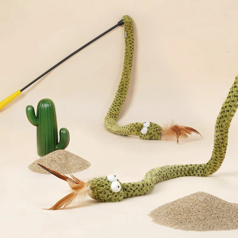 Green cat teasing stick with long pole and feather attachments for interactive feline play