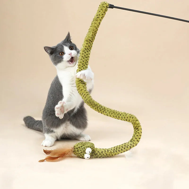 Green cat teasing stick with long pole and feather attachments for interactive feline play