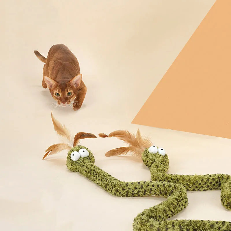 Green cat teasing stick with long pole and feather attachments for interactive feline play