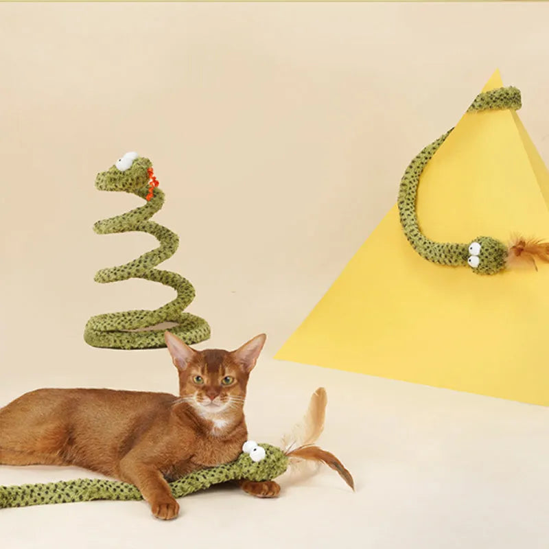 Green cat teasing stick with long pole and feather attachments for interactive feline play
