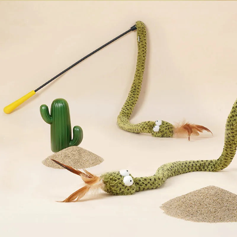 Green cat teasing stick with long pole and feather attachments for interactive feline play