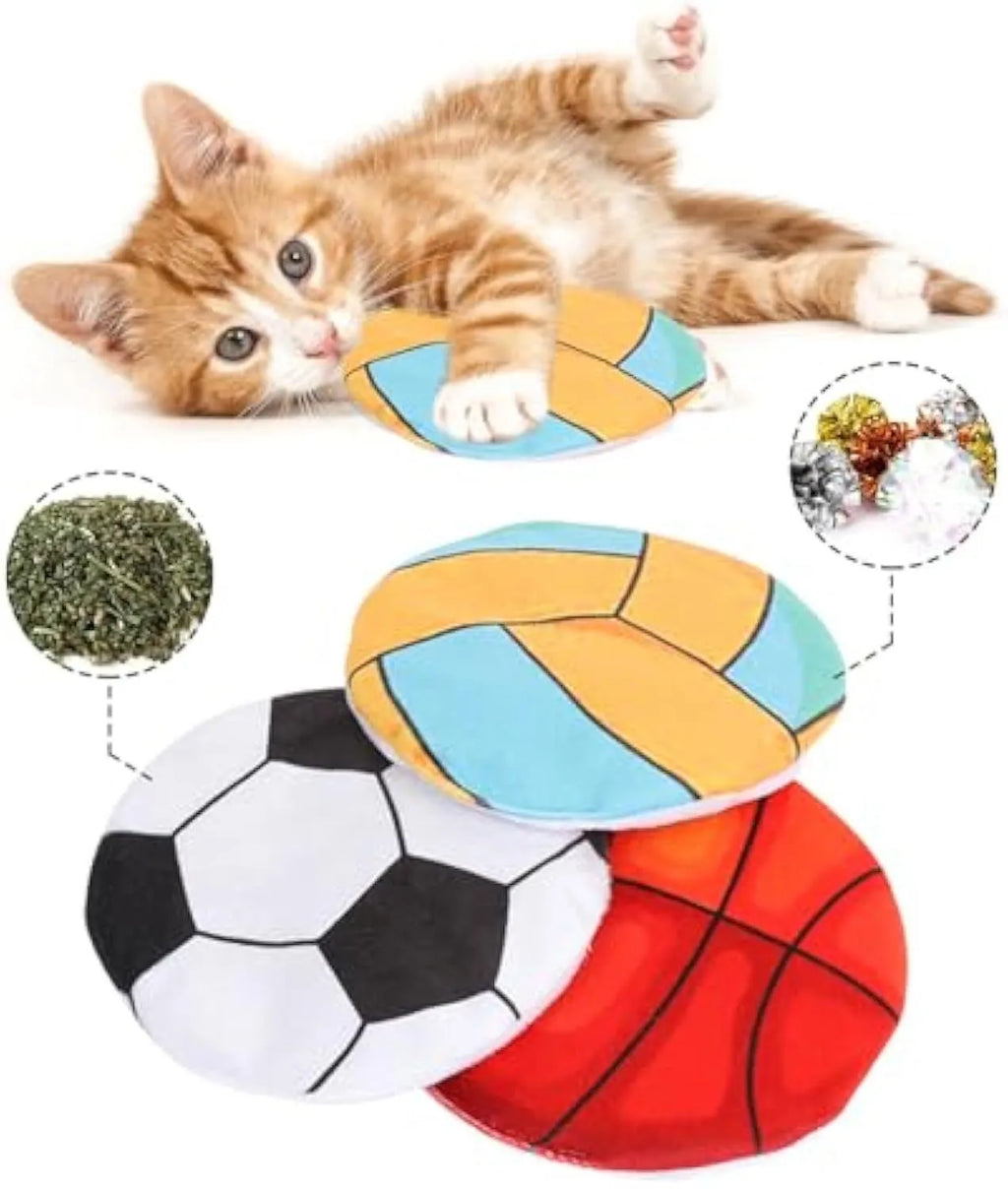 5cm catnip flying disc toy with plush exterior and sports ball patterns for indoor cats