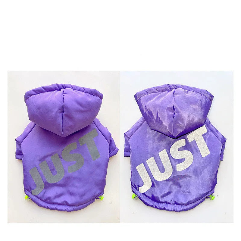Purple printed pet winter cotton coat for dogs in sizes L to XXXL on a white background