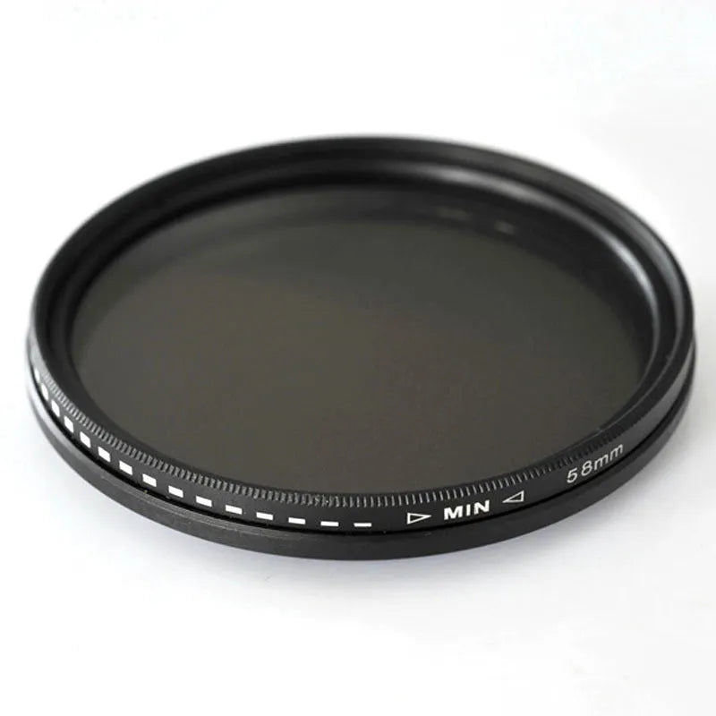 Adjustable camera lens filter mount with a set of four neutral density ND filters for multi-diameter lenses.