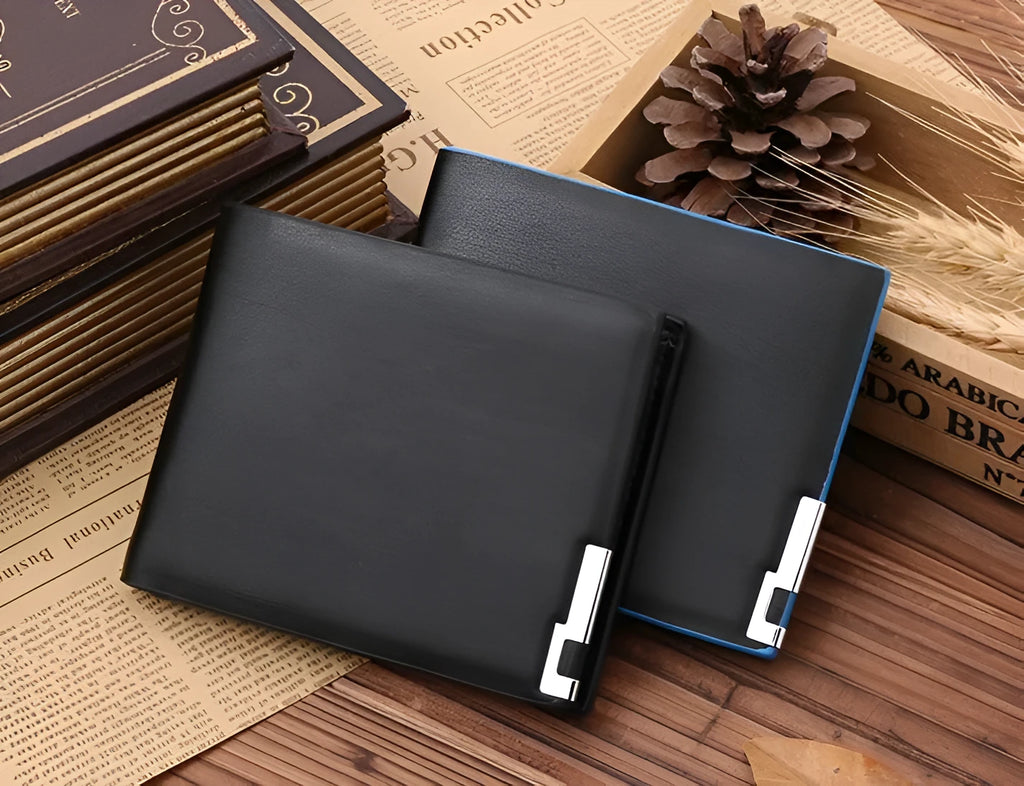 PU leather man wallet in black with blue edge, showing card slots and bill compartments