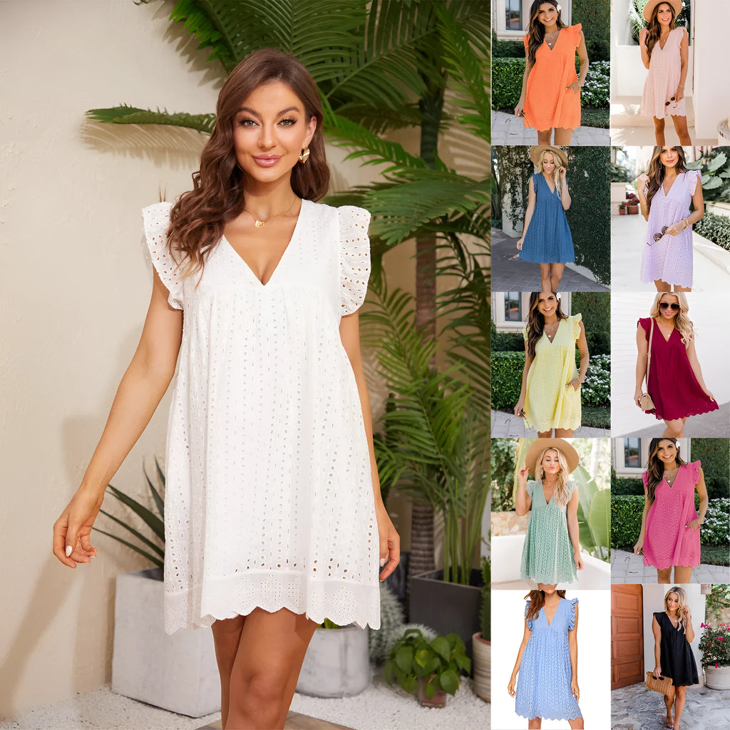 Sleeveless lace dress with pockets, V-neck, jacquard cutout pattern, A-line midi length, available in multiple colours