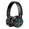 B12 wireless folding headset shown in black colour, demonstrating its folded compact state and head-mounted design.