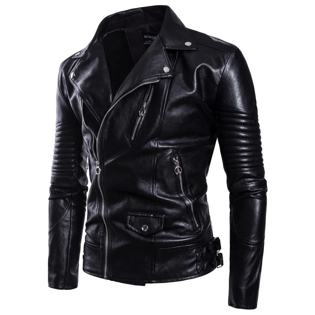 Men's black sheepskin leather jacket with suit collar and zip front, fit cut, not hooded