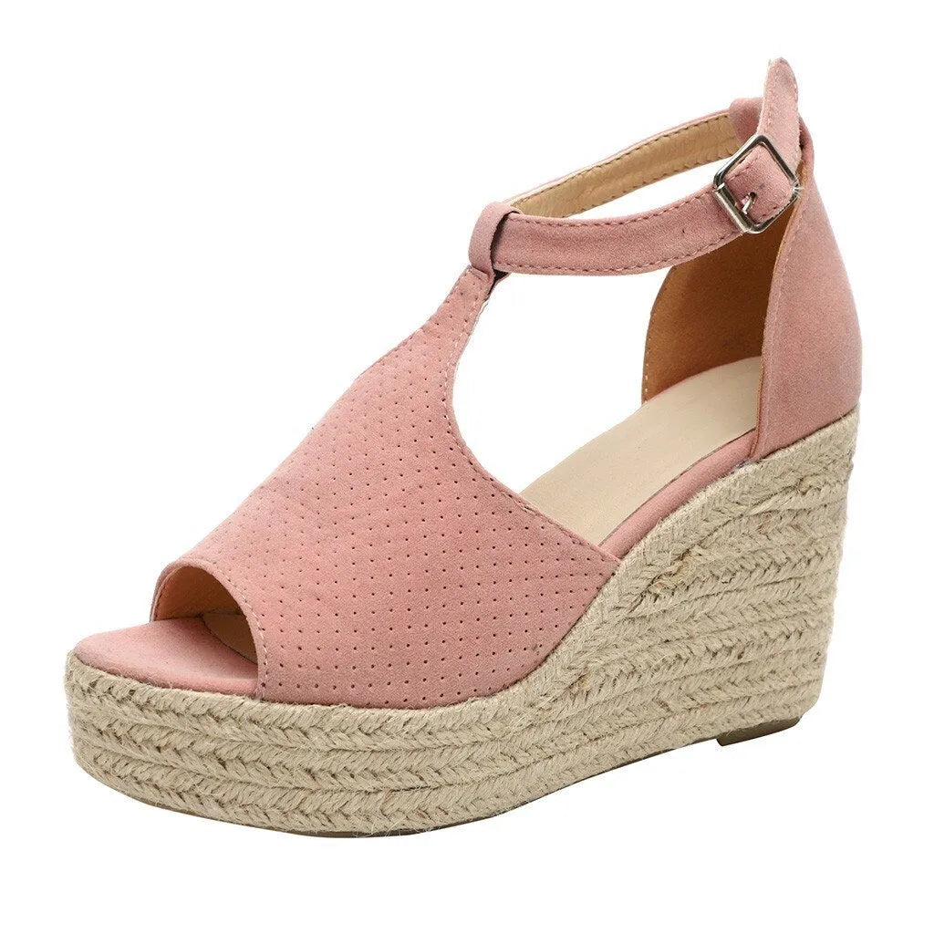 Canvas wedge sandals for women with waterproof platform, fish mouth toe, and slingback buckle in black
