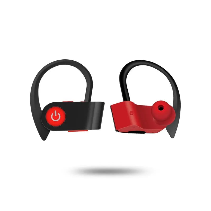 Black wireless Bluetooth V5.0 in-ear headphones with ergonomic design and control buttons.