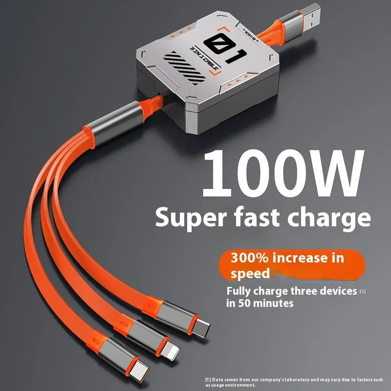 Three-in-one telescopic data cable with 100W super fast charge, grey black, mini USB interface
