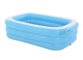 Rectangular inflatable kiddie pool, blue and white PVC, 150cm x 110cm x 50cm, with green base for outdoor summer play