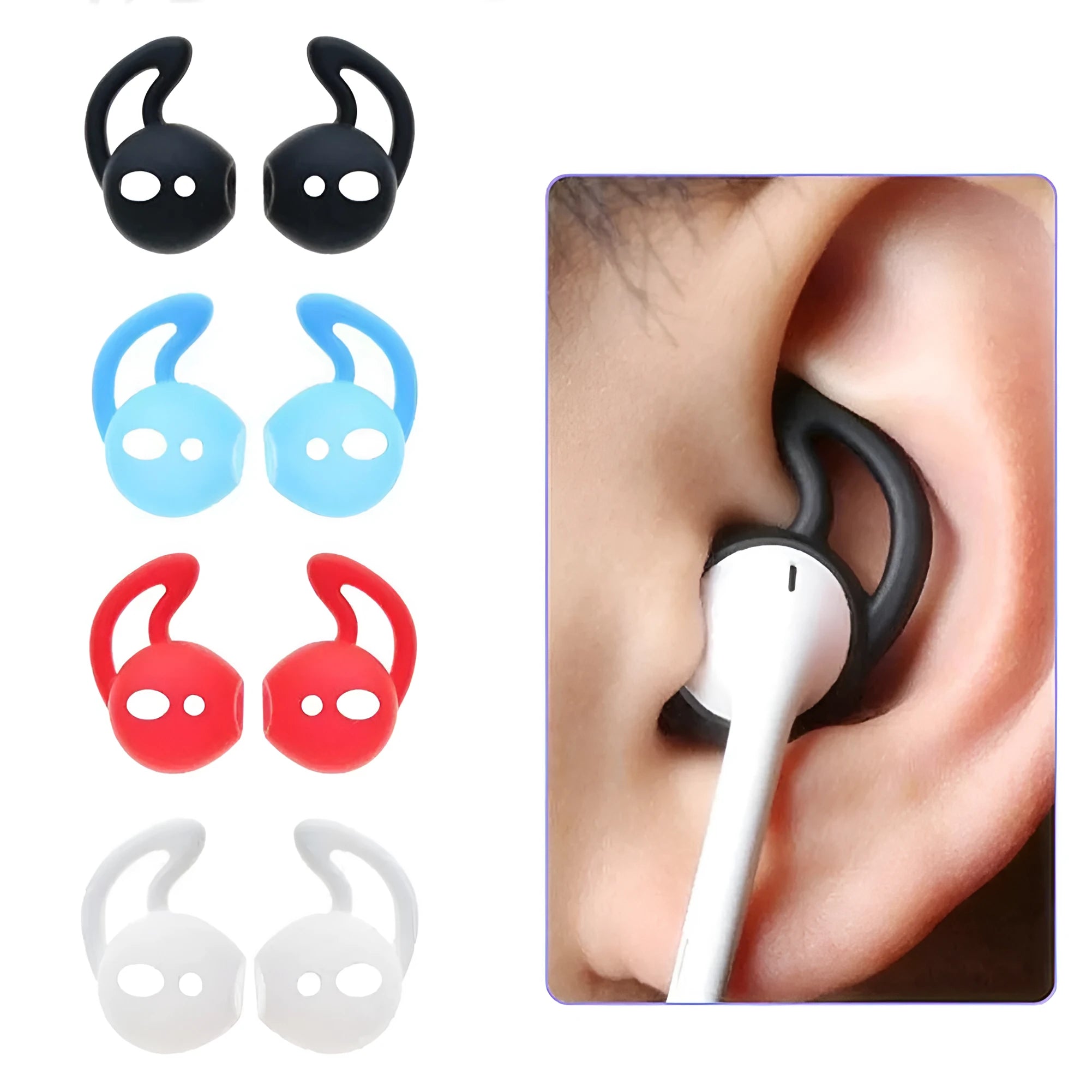 Silicone ear tips for Apple AirPods in five colours: black, blue, red, transparent, white