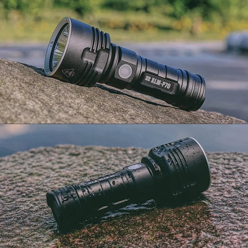Rechargeable 20W LED torch with aluminium alloy body, focusing beam, 200-500m range, and charger