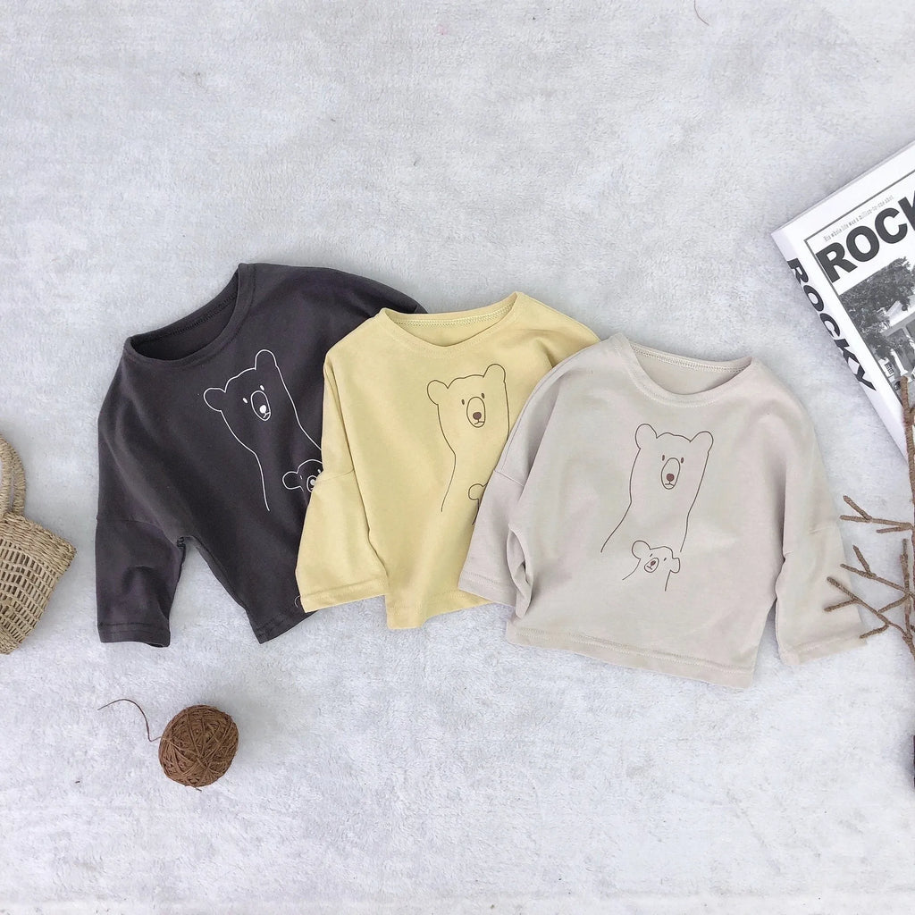 Bear print solid colour children's jacket in apricot, dark grey, or yellow, sizes 80cm to 120cm.