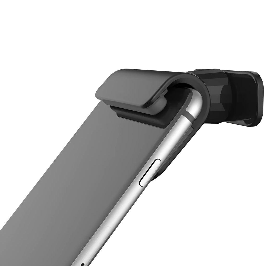 Black universal car phone holder with 360-degree rotation on dashboard