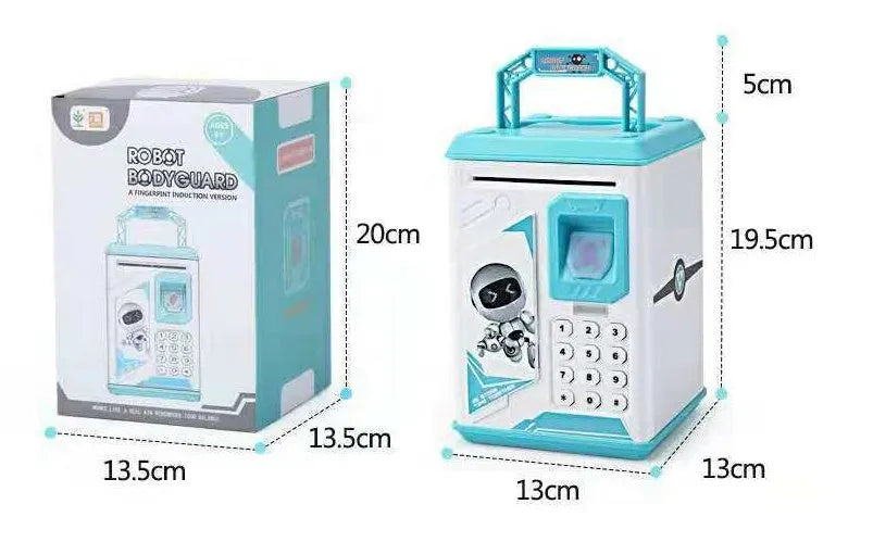Electronic fingerprint piggy bank in blue or pink, plastic coin and note saving box, 13x13x24cm, 750g