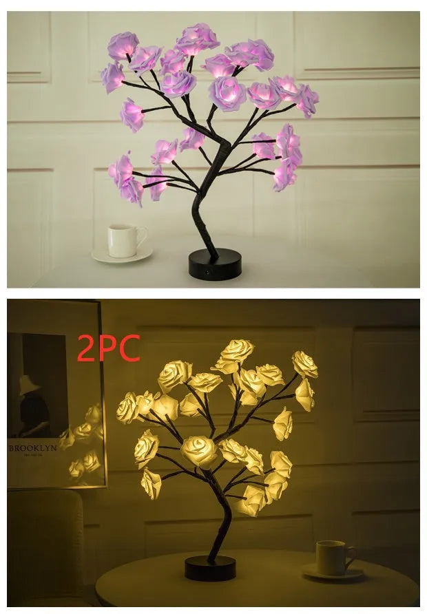 White and red PE cotton rose flower lamp with warm white LED lights on a table, with battery and USB power options.