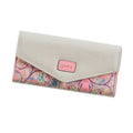 Women's black three-fold PU leather wallet with a metal clip, showing its open large capacity interior.