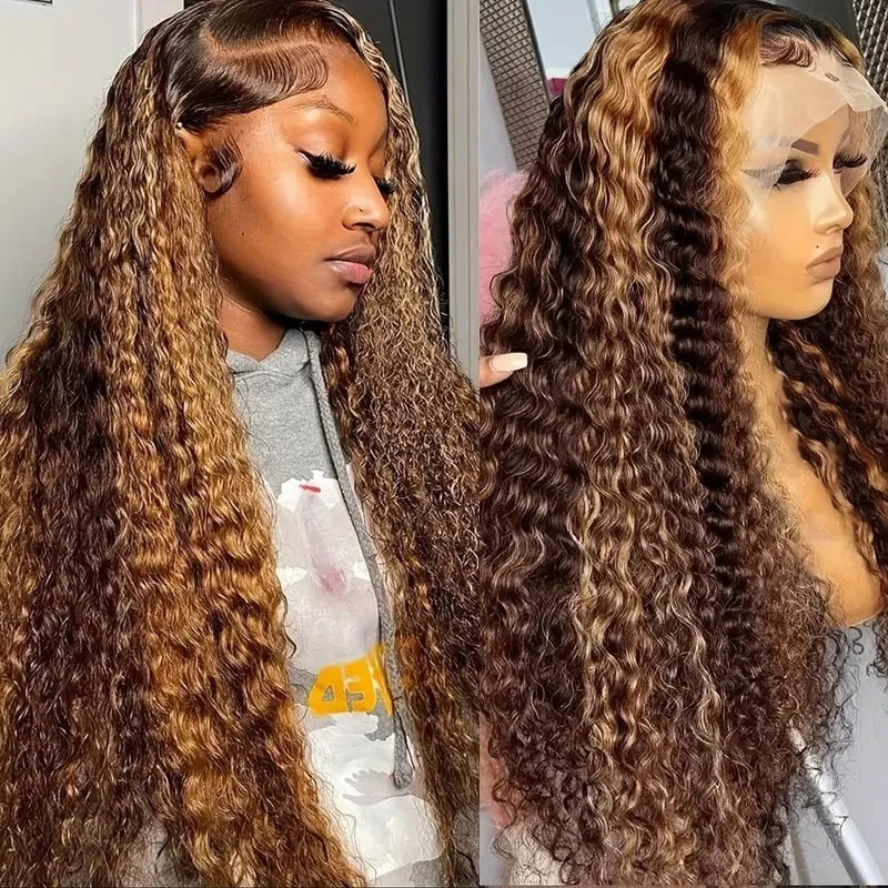 Lace wig with long curly gradient highlight hair in medium small volume, light gold colour