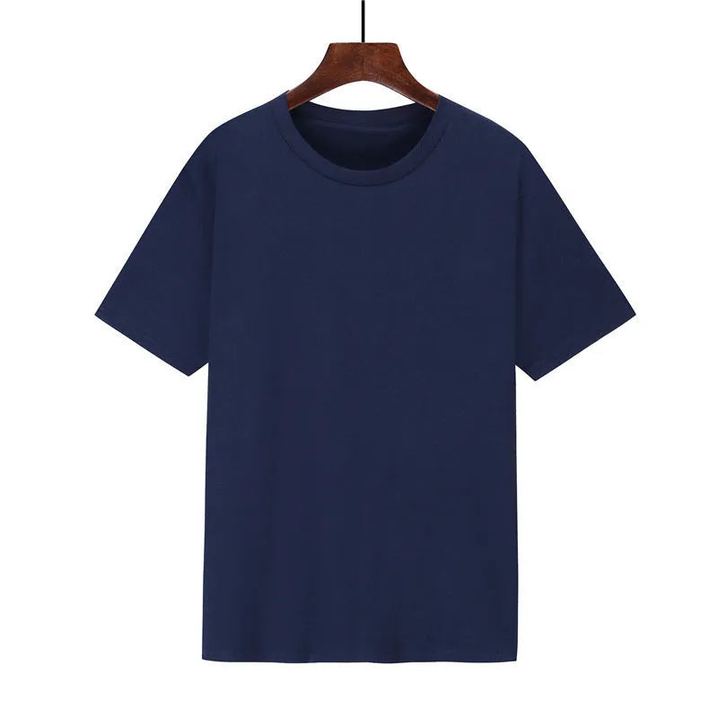 Men's black loose-fit cotton T-shirt with a short sleeve and screen-printed design on a hanger.