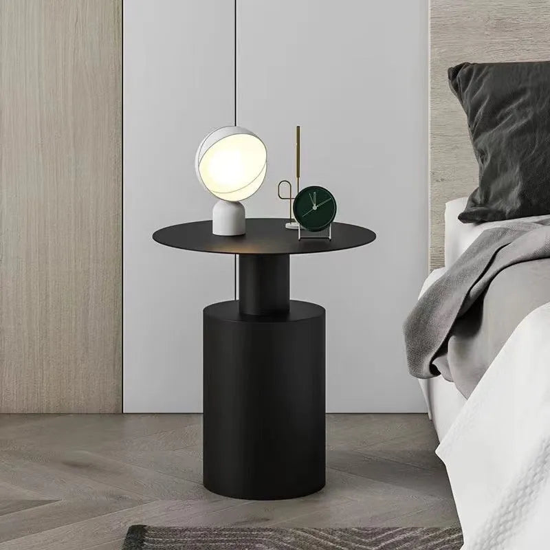 Nordic round metal bedside table in beige finish with simple modern design