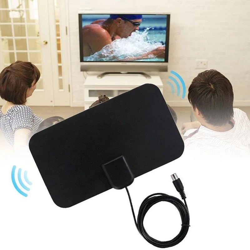 Black flat panel digital HD indoor TV antenna 210x120mm with 3m coaxial cable F-head connector and mounting paste