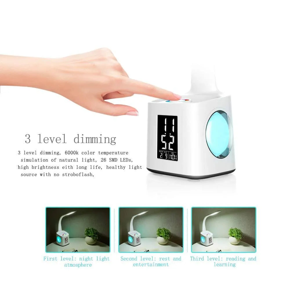 White 7-in-1 LED desk lamp with USB port, LCD screen, calendar, pen holder and colour night light base