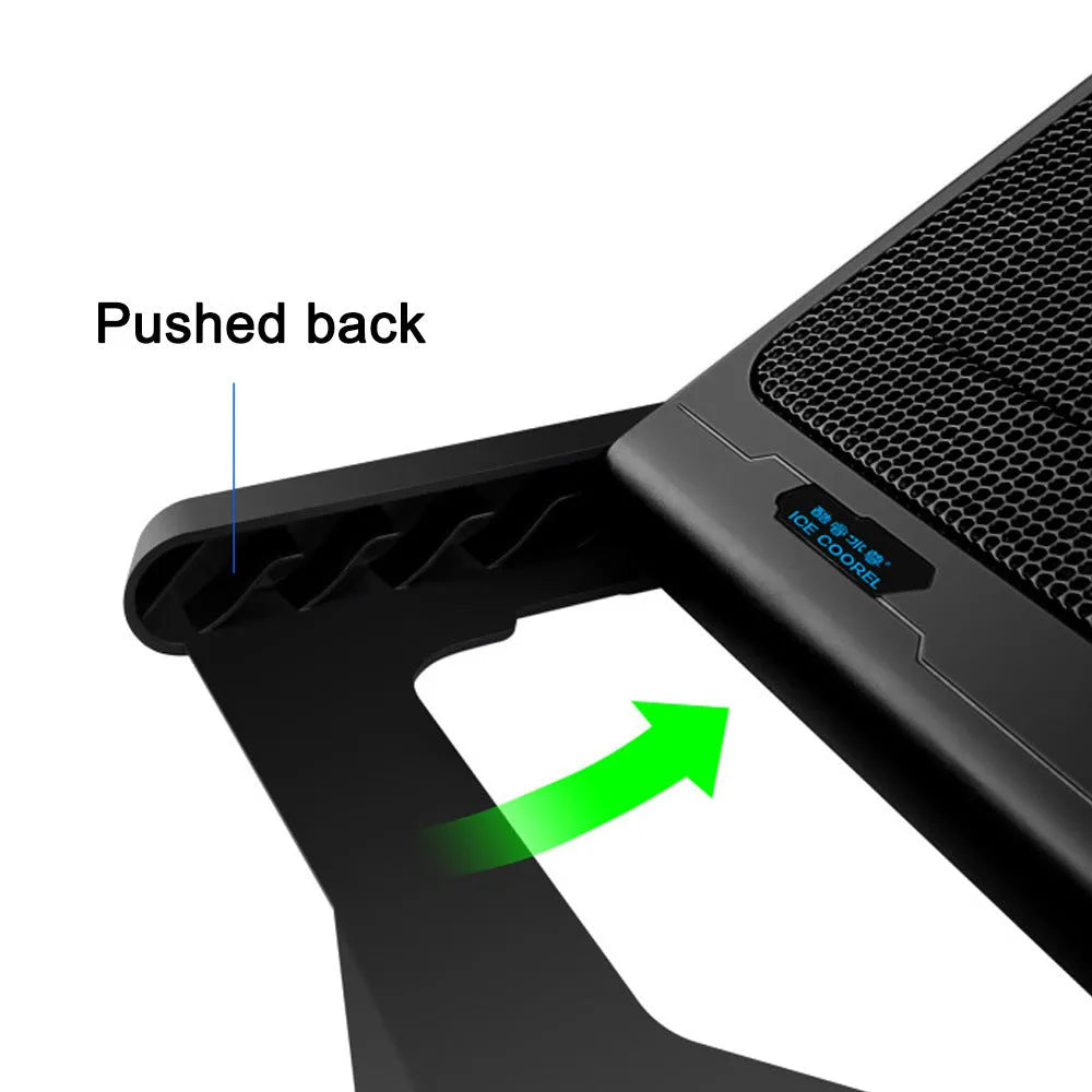 Metal mesh laptop cooling board with integrated fan system showing LCD display with speed control