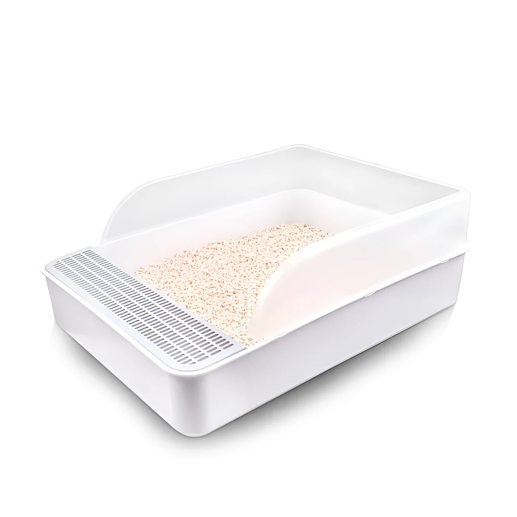 White semi-enclosed PP plastic cat litter box, size S, 41.7x28x17cm, on a tiled floor