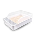 White semi-enclosed PP plastic cat litter box, size S, 41.7x28x17cm, on a tiled floor