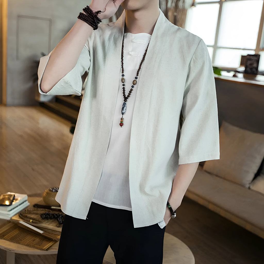 Men's Chinese style cotton linen cardigan shirt with seven-point sleeves, stand collar, and lace-up front in black or hemp colour.